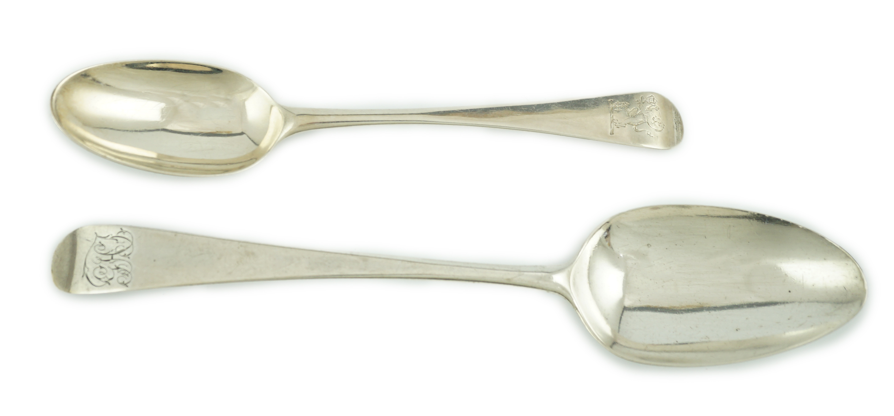 A set of nine George II silver Old English pattern dessert spoons, by George Hodges, London, 1731, together with four later spoons by Hester Bateman